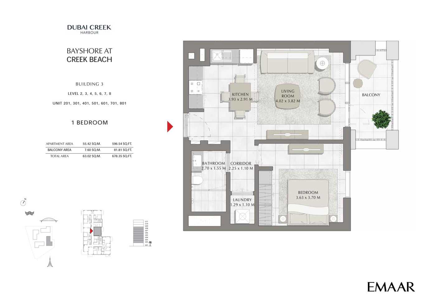 Building 3 - 1 Bedroom Level 2-3-4-5-6-7-8 Unit 201-301-401-501-601-701-801, Size 678 sq ft